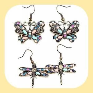 New Whimsical Beautiful Dragonfly/Butterfly Brass Colorful Earring Set